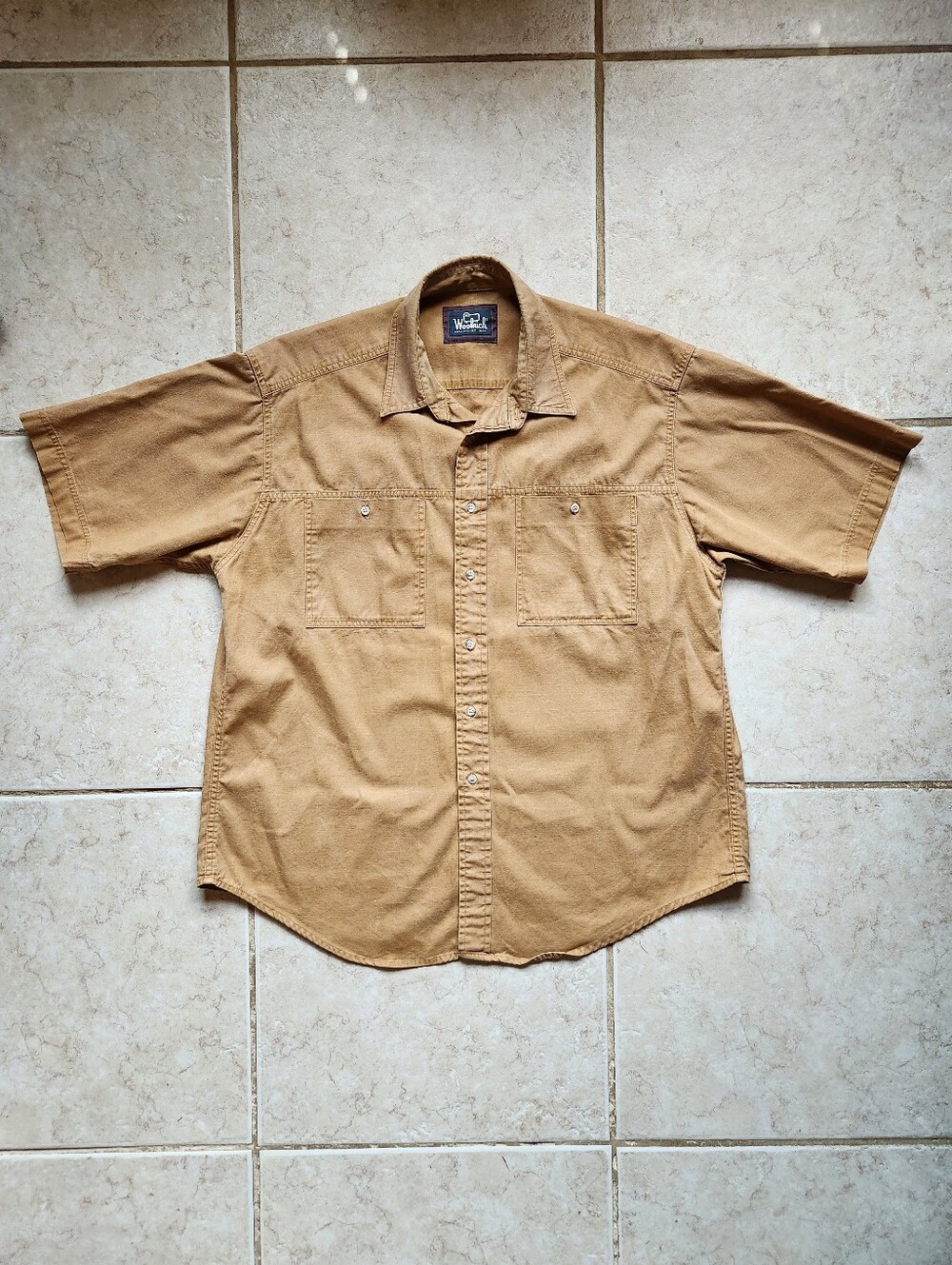 Vintage Woolrich Mens Heavyweight Canvas Work Shirt Short Sleeve Tan Brown XL